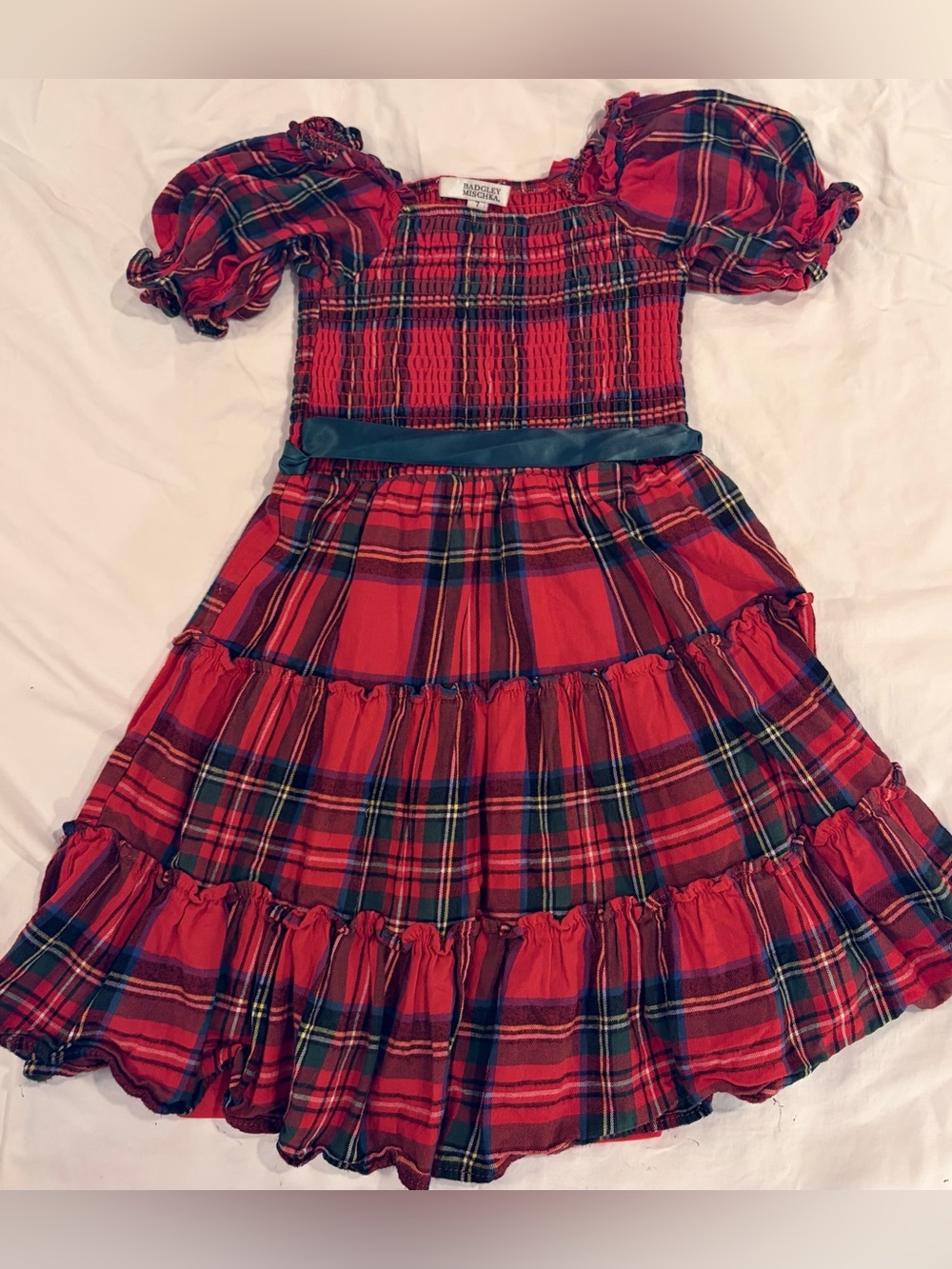 Badgely Mischa Plaid Ruched Bodice Full Skirt Lined dress with Sash sz 7 EUC